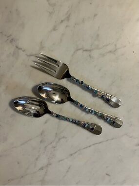Beaded Handle Stainless Steel Serving Spoon and Fork Set - Blue Accent